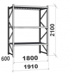 Metallihylly perusosa 2100x1800x600 480kg/hyllytaso,3 tasoa lastulevytasoilla