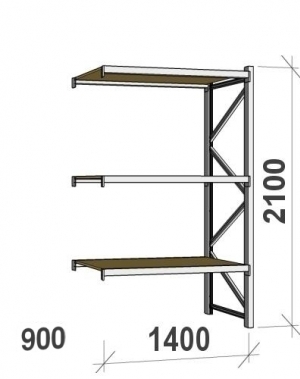 Metallihylly jatko-osa 2100x1400x900 600kg/hyllytaso,3 tasoa lastulevytasoilla