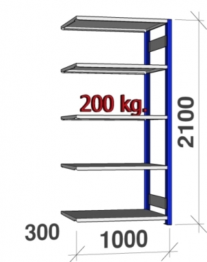 Varastohylly jatko-osa 2100x1000x300 200kg/hyllytaso,5 tasoa, sin/vaaleanharmaa