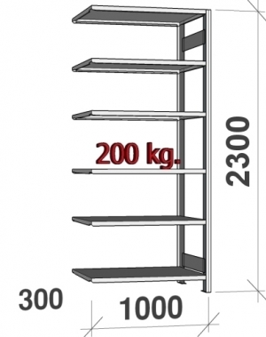 Följesektion 2300x1000x300 begagnade, 6 hyllor