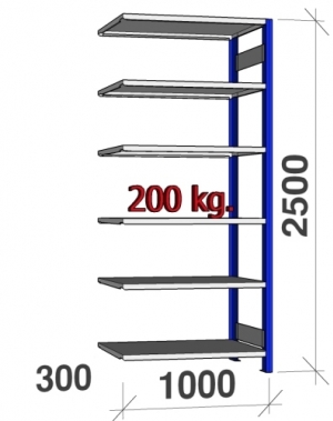 Pientavarahylly jatko-osa 2500x1000x300 200kg/hyllytaso,6 tasoa, sininen/Zn