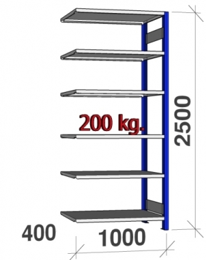 Varastohylly jatko-osa 2500x1000x400 200kg/hyllytaso,6 tasoa, sin/vaaleanharmaa