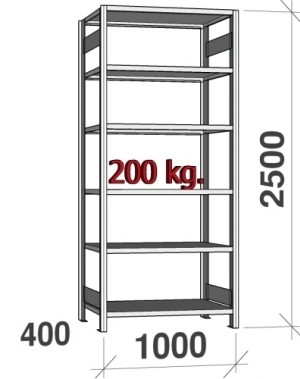 Varastohylly perusosa 2500x1000x400 200kg/hyllytaso,6 tasoa