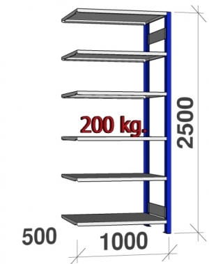 Varastohylly jatko-osa 2500x1000x500 200kg/hyllytaso,6 tasoa, sin/vaaleanharmaa