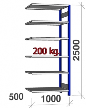 Pientavarahylly jatko-osa 2500x1000x500 200kg/hyllytaso,6 tasoa, sininen/Zn