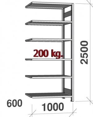 Extension bay 2500x1000x600 200kg/shelf,6 shelves