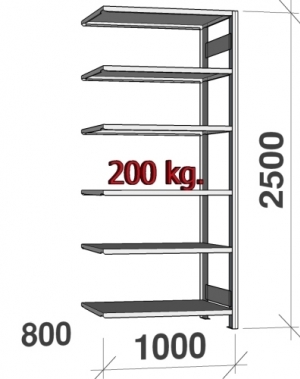 Varastohylly jatko-osa 2500x1000x800 200kg/hyllytaso,6 tasoa