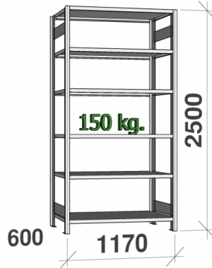 Varastohylly perusosa 2500x1170x600 150kg/hyllytaso,6 tasoa