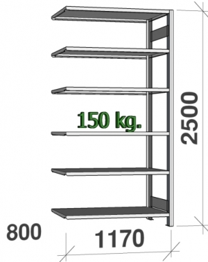 Varastohylly jatko-osa 2500x1170x800 150kg/hyllytaso,6 tasoa