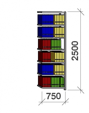 Arkistohylly jatko-osa 2500x750x300 200kg/hyllytaso,7 tasoa