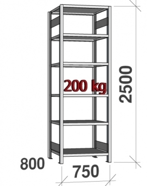 Lagerhylla startsektion 2500x750x800 200kg/hyllplan,6 hyllor
