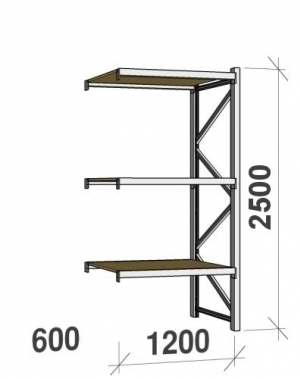 Metallihylly jatko-osa 2500x1200x600 600kg/hyllytaso,3 tasoa lastulevytasoilla