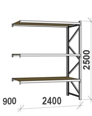 Metallihylly jatko-osa 2500x2400x900 300kg/hyllytaso,3 tasoa lastulevytasoilla