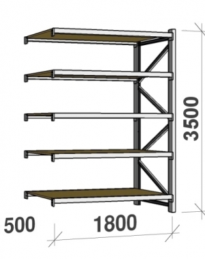 Metallihylly jatko-osa 3500x1800x500 480kg/taso,5 tasoa lastulevytasoilla MAXI