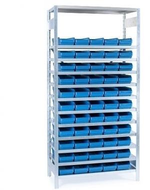 Small parts shelving 2100x1000x300, 55 bins 300x180x95