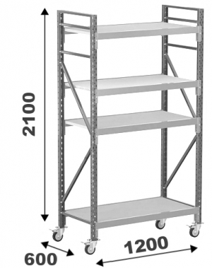 Wide Span Shelving with wheels 2100x1200x600, 4 levels with steel decks MAXI