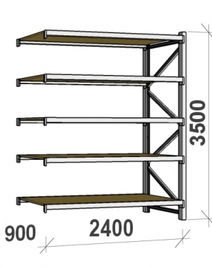 Metallihylly jatko-osa 3500x2400x900 300kg/taso,5 tasoa lastulevytasoilla MAXI