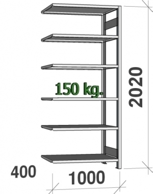 Varastohylly jatko-osa 2020x1000x400 150kg/hyllytaso,6 tasoa ZN Kasten, käytetty