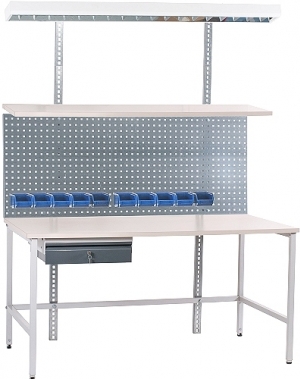 Worktable set 2000x800 with Shelf, Perfo panel, 10 bins, Drawer, Lighting