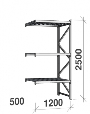 Metallihylly jatko-osa 2500x1200x500 600kg/hyllytaso,3 tasoa peltitasoilla