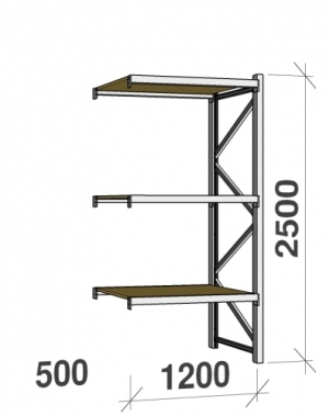 Metallihylly jatko-osa 2500x1200x500 600kg/hyllytaso,3 tasoa lastulevytasoilla