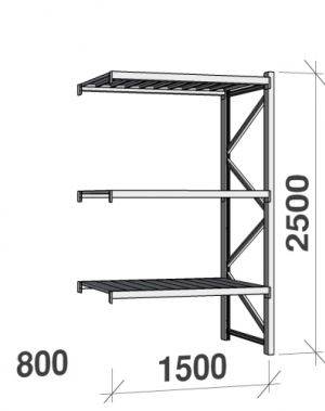 Metallihylly jatko-osa 2500x1500x800 600kg/hyllytaso,3 tasoa peltitasoilla