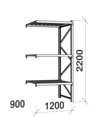 Metallihylly jatko-osa 2200x1200x900 600kg/hyllytaso,3 tasoa peltitasoilla