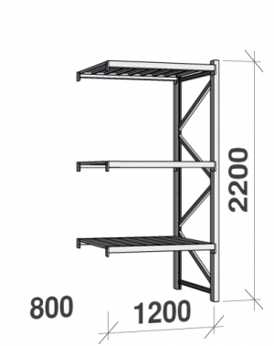 Metallihylly jatko-osa 2200x1200x800 600kg/hyllytaso,3 tasoa peltitasoilla