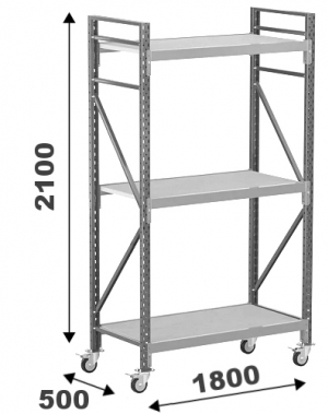 Wide Span Shelving with wheels 2100x1800x500, 3 levels with chipboard MAXI