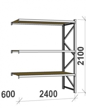 Metallihylly jatko-osa 2100x2400x600 300kg/hyllytaso,3 tasoa lastulevytasoilla