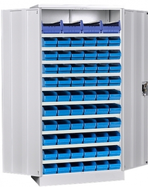 Laatikkokaappi 1950x1100x550, 10 hyllyä 60 kpl. 500x180x95, 4 kpl. 500x230x150