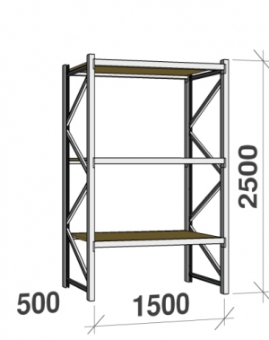 Lagerhylla startsektion 2500x1500x500 600kg/hyllplan,3 hyllor, spånskiva