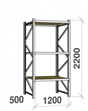 Metallihylly perusosa 2200x1200x500 600kg/hyllytaso,3 tasoa lastulevytasoilla