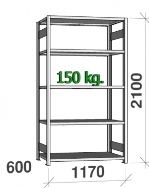 Varastohylly perusosa 2100x1170x600 150kg/hyllytaso,5 tasoa