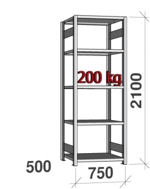 Varastohylly perusosa 2100x750x500 200kg/hyllytaso,5 tasoa