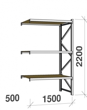 Lagerhylla följesektion 2200x1500x500 600kg/hyllplan 3 hyllor, spånskiva