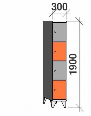 4-tier locker, 4 doors, 1900x300x545 mm