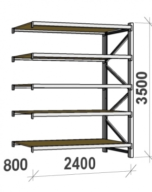 Metallihylly jatko-osa 3500x2400x800 300kg/taso,5 tasoa lastulevytasoilla MAXI