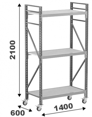 Wide Span Shelving with wheels 2100x1400x600, 3 levels with chipboard MAXI