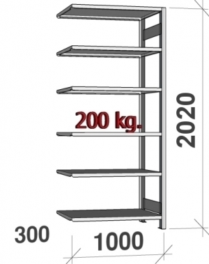 Varastohylly jatko-osa 2020x1000x300 200kg/hyllytaso,6 tasoa ZN Kasten, käytetty