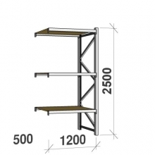 Metallihylly jatko-osa 2500x1200x500 600kg/hyllytaso,3 tasoa lastulevytasoilla