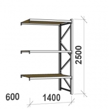 Metallihylly jatko-osa 2500x1400x600 600kg/hyllytaso,3 tasoa lastulevytasoilla