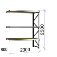 Metallihylly jatko-osa 2500x2300x800 350kg/hyllytaso,3 tasoa lastulevytasoilla