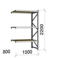 Metallihylly jatko-osa 2200x1500x800 600kg/hyllytaso,3 tasoa lastulevytasoilla