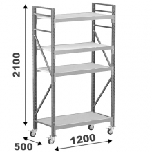 Wide Span Shelving with wheels 2100x1200x500, 4 levels with steel decks MAXI