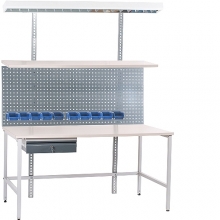 Teollisuuspöytä 1500x800 + hylly, reikälevy, laatikot, pöytälaatikko, valaisin